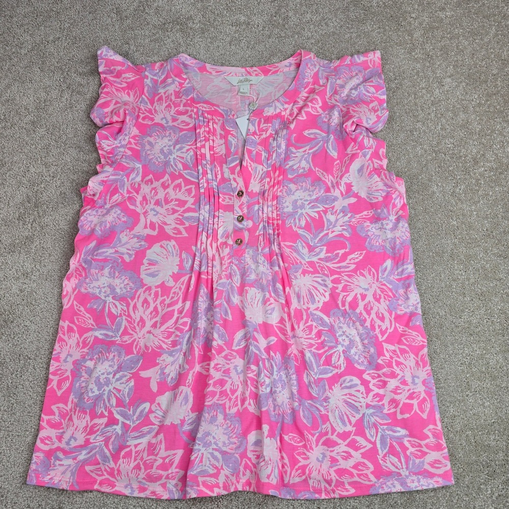Lilly Pulitzer Golda Top Rousseau Pink Zen Garden Floral Ruffle Top Large NWT - Picture 2 of 9